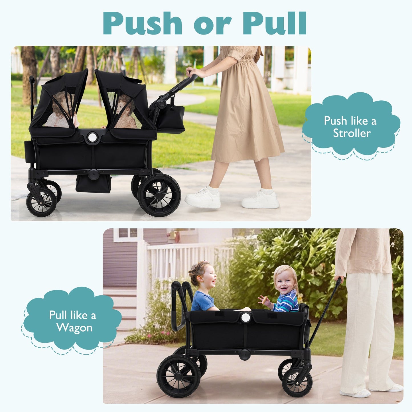 2 Seater Push Pull Collapsible Kids Wagon Stroller with Adjustable Handlebars