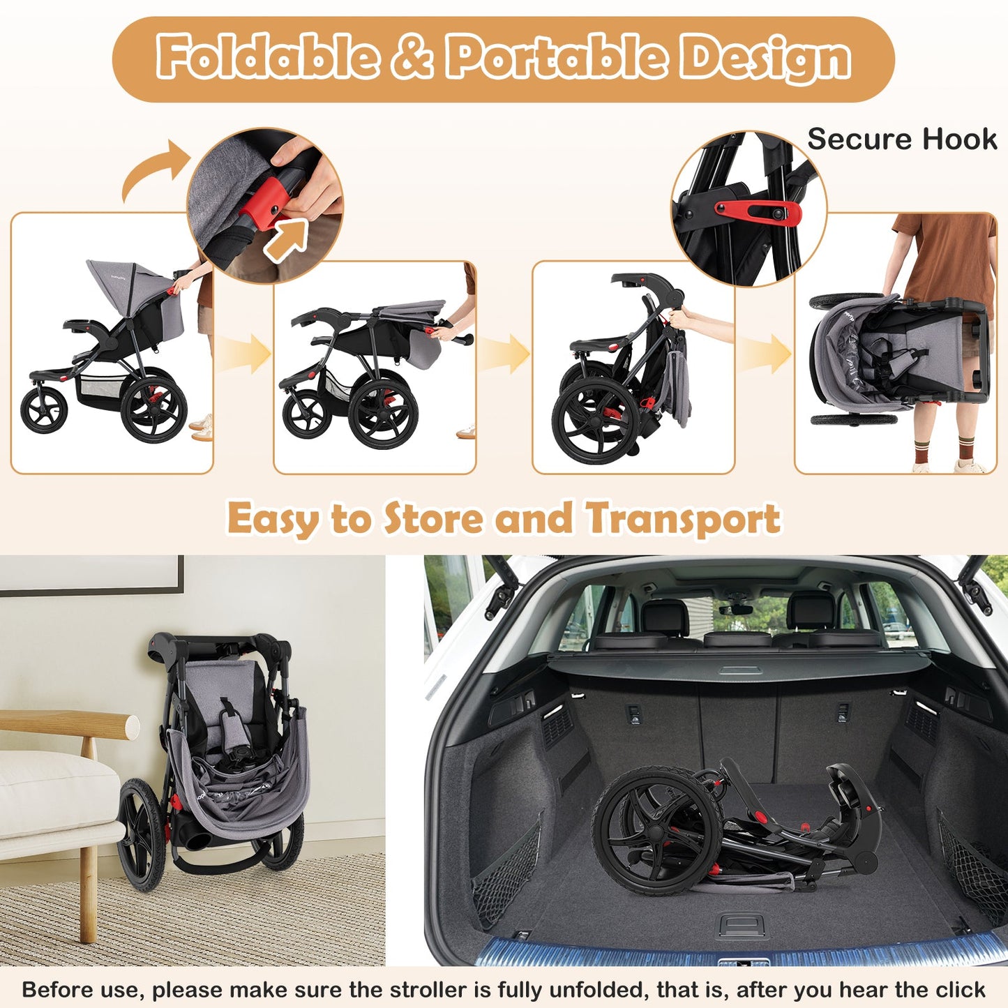 Foldable Jogging Stroller with Detachable Tray and Air-Filled Rubber Tires