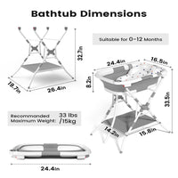 Baby Bathtub with Stand, 2-In-1 Collapsible Bath Tubs for Newborn to Toddler, Infant Bathtub with Folding Stand, Portable Bathtub for Baby Including Soft Cushion, Storage Pad (Gray)