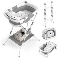 Baby Bathtub with Stand, 2-In-1 Collapsible Bath Tubs for Newborn to Toddler, Infant Bathtub with Folding Stand, Portable Bathtub for Baby Including Soft Cushion, Storage Pad (Gray)