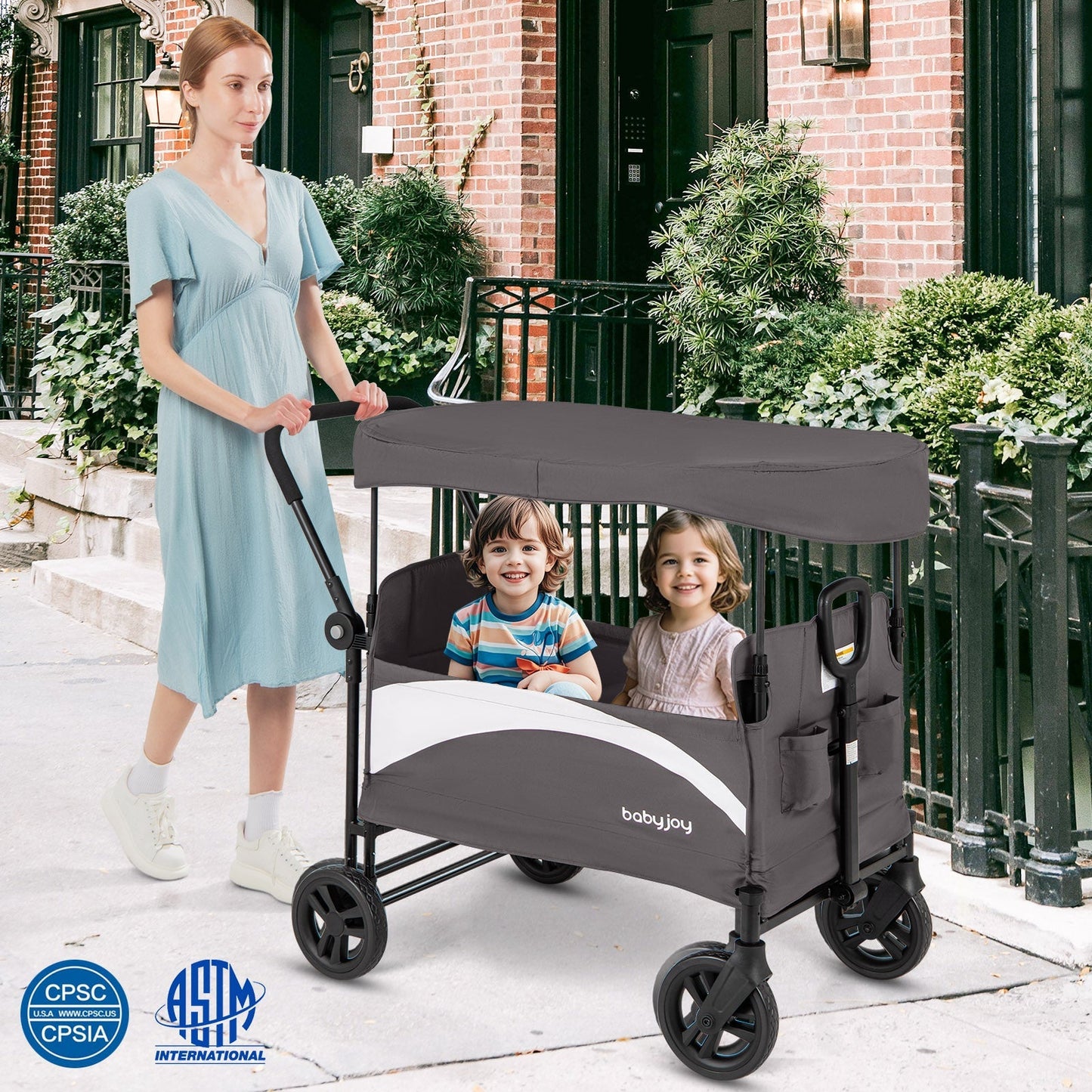 2-Seat Stroller Wagon with Adjustable Canopy and Handles