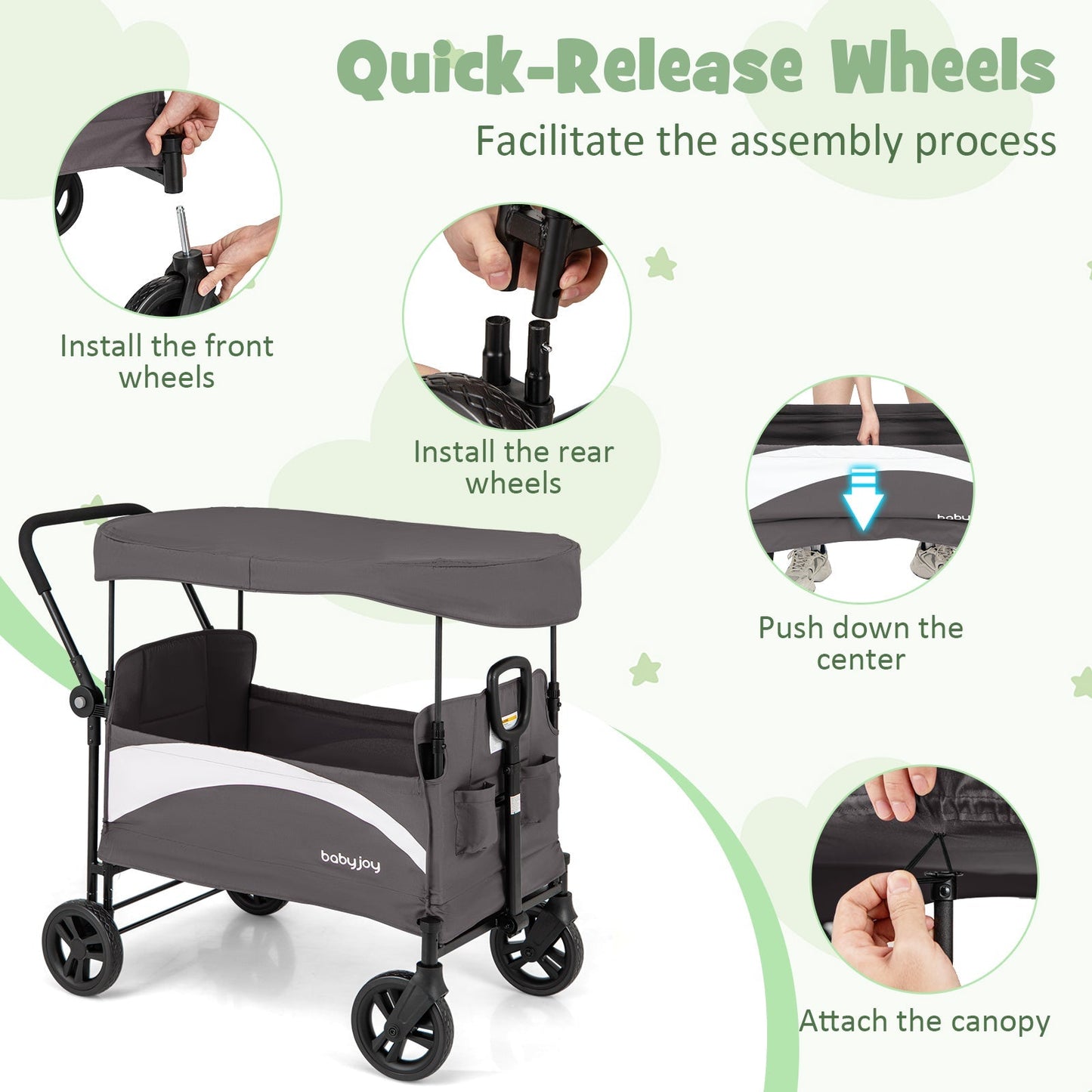 2-Seat Stroller Wagon with Adjustable Canopy and Handles