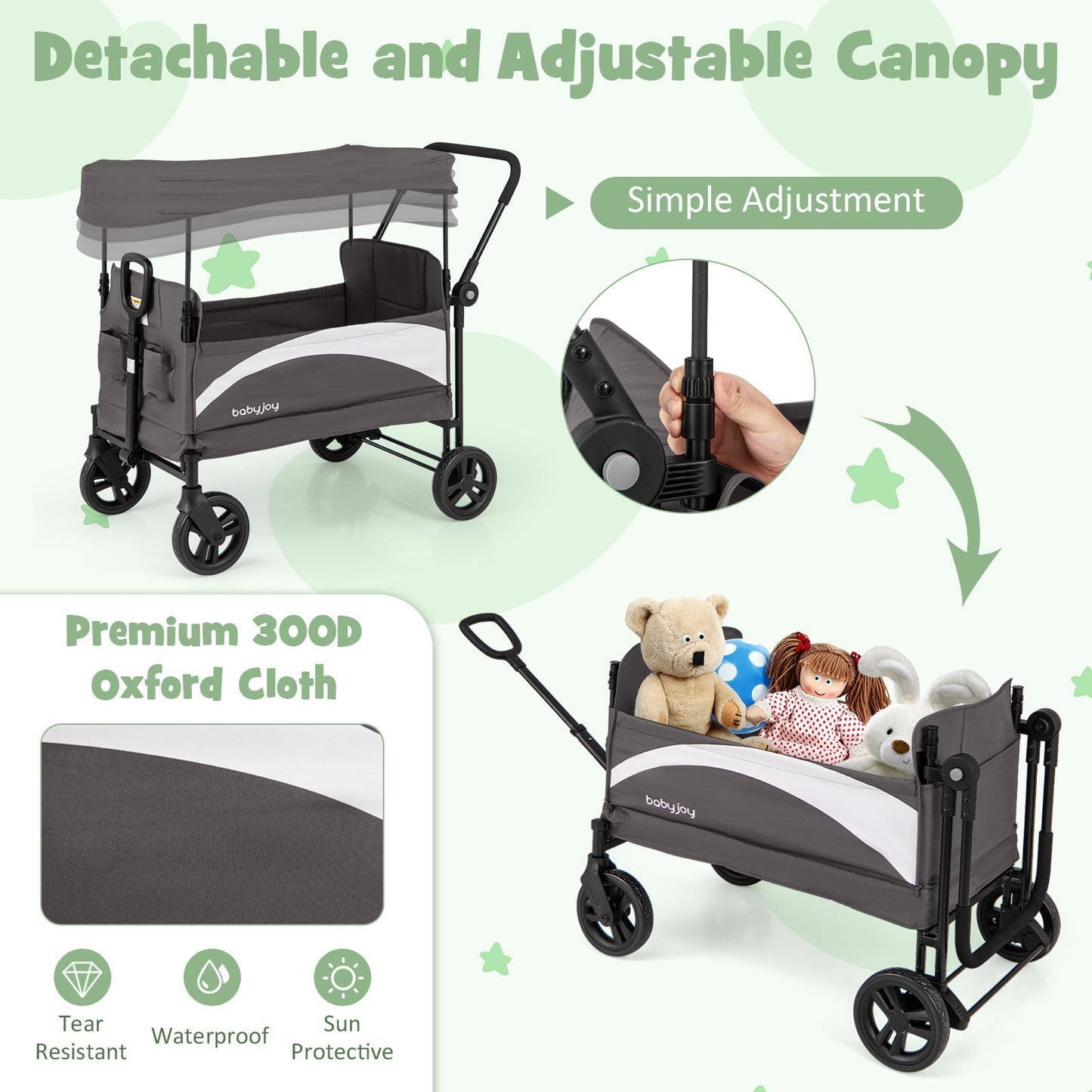 2-Seat Stroller Wagon with Adjustable Canopy and Handles