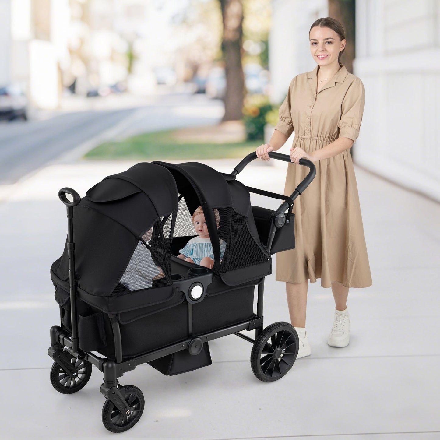 2 Seater Push Pull Collapsible Kids Wagon Stroller with Adjustable Handlebars