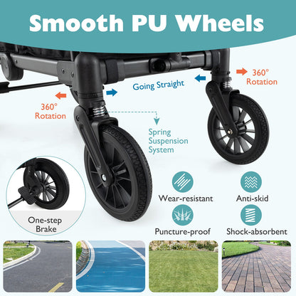 2 Seater Push Pull Collapsible Kids Wagon Stroller with Adjustable Handlebars