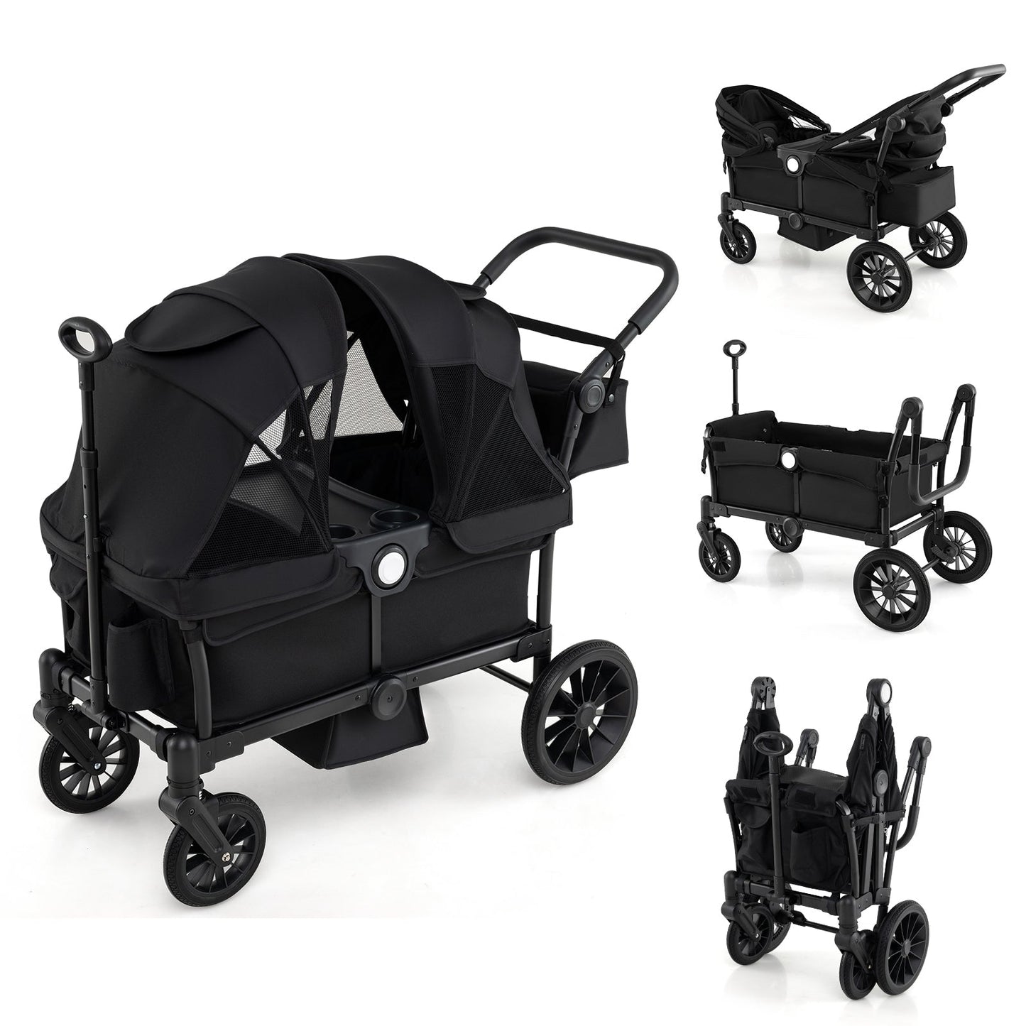 2 Seater Push Pull Collapsible Kids Wagon Stroller with Adjustable Handlebars