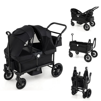 2 Seater Push Pull Collapsible Kids Wagon Stroller with Adjustable Handlebars
