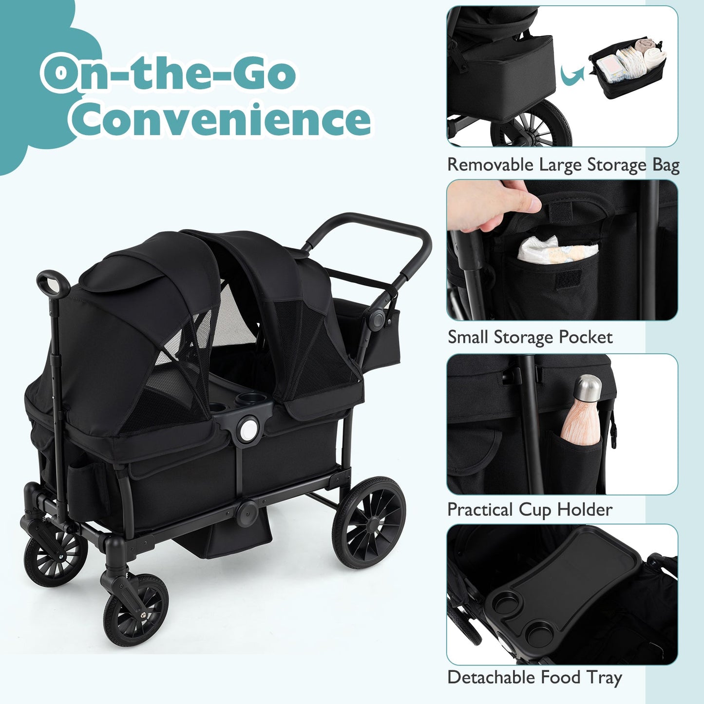 2 Seater Push Pull Collapsible Kids Wagon Stroller with Adjustable Handlebars