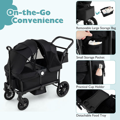 2 Seater Push Pull Collapsible Kids Wagon Stroller with Adjustable Handlebars