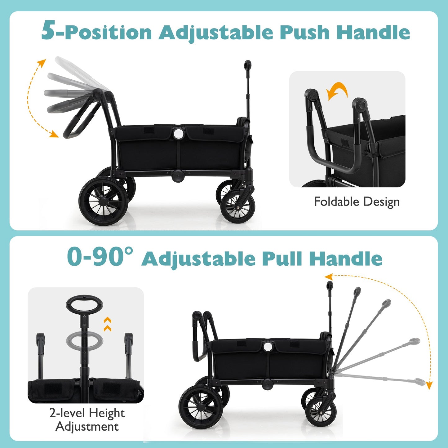 2 Seater Push Pull Collapsible Kids Wagon Stroller with Adjustable Handlebars