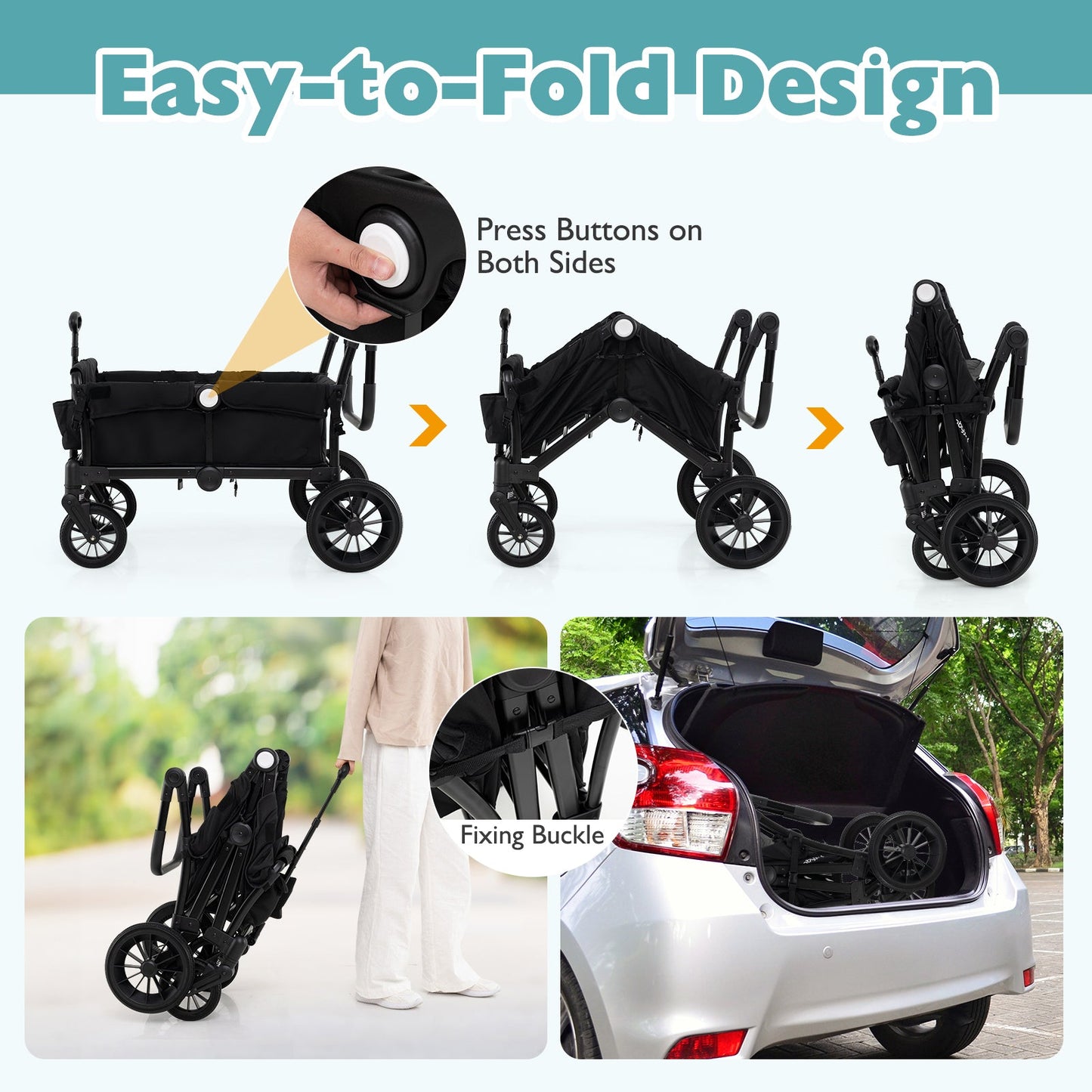2 Seater Push Pull Collapsible Kids Wagon Stroller with Adjustable Handlebars