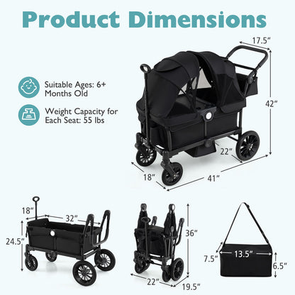 2 Seater Push Pull Collapsible Kids Wagon Stroller with Adjustable Handlebars