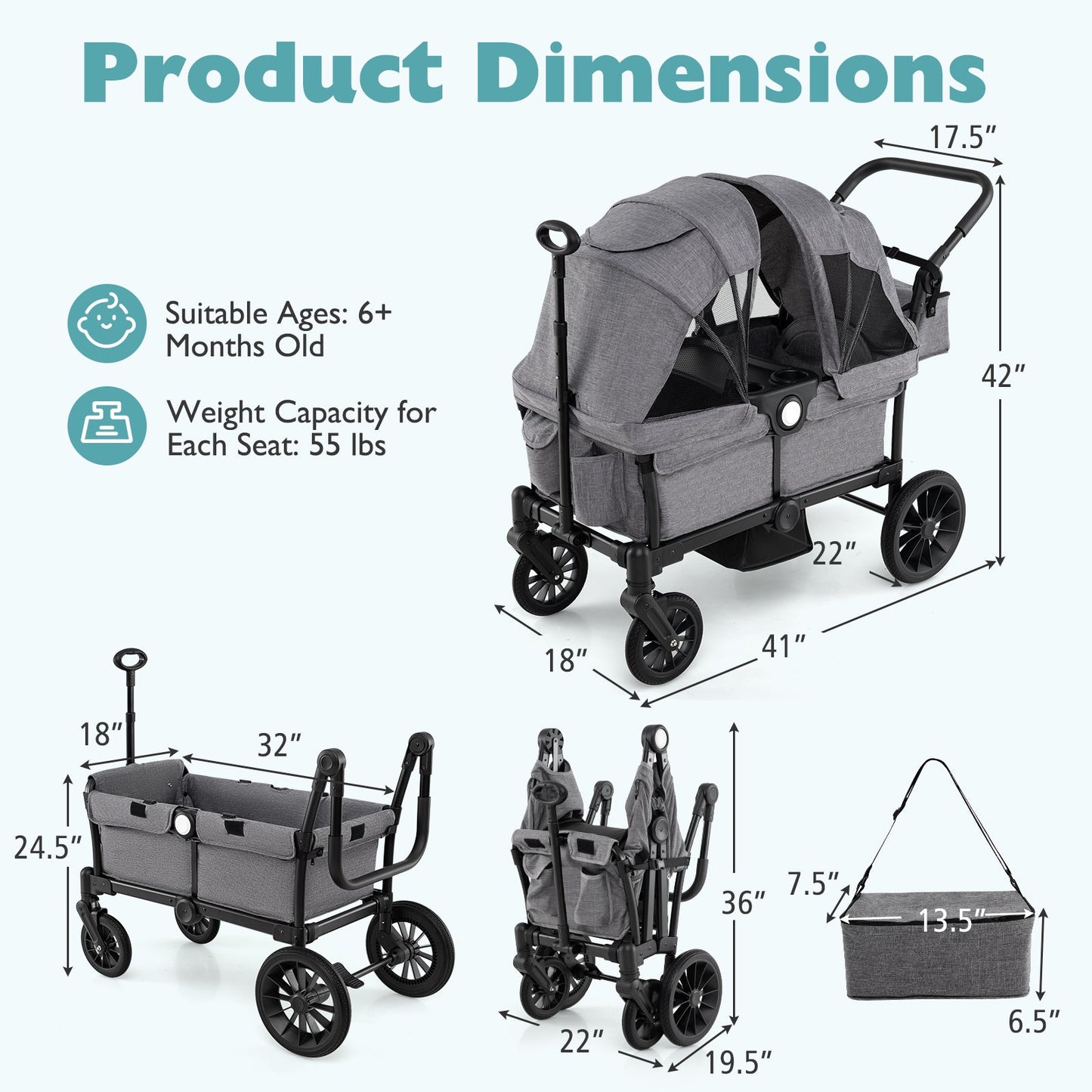 2 Seater Push Pull Collapsible Kids Wagon Stroller with Adjustable Handlebars