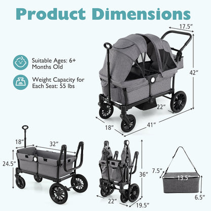 2 Seater Push Pull Collapsible Kids Wagon Stroller with Adjustable Handlebars
