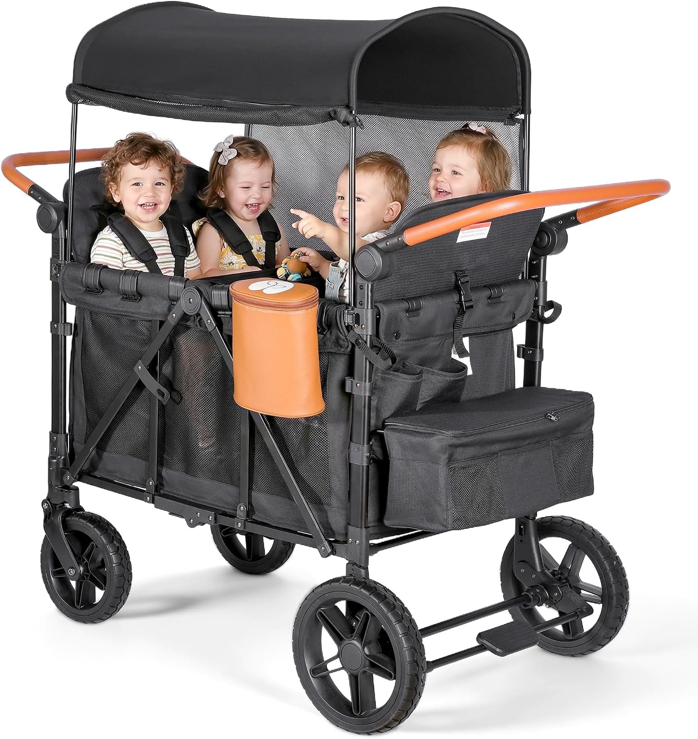 Foldable 4-Seater Wagon Stroller for Kids, All-Terrain Wagon with Snack Tray, High Seats, 5-Point Harness, Adjustable Handle, Canopy, Parent Organizer & Insulated Snack Pack (Black)