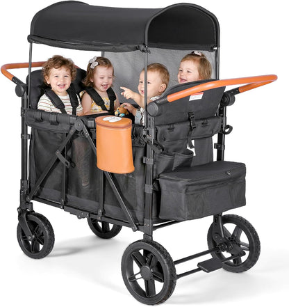 Foldable 4-Seater Wagon Stroller for Kids, All-Terrain Wagon with Snack Tray, High Seats, 5-Point Harness, Adjustable Handle, Canopy, Parent Organizer & Insulated Snack Pack (Black)