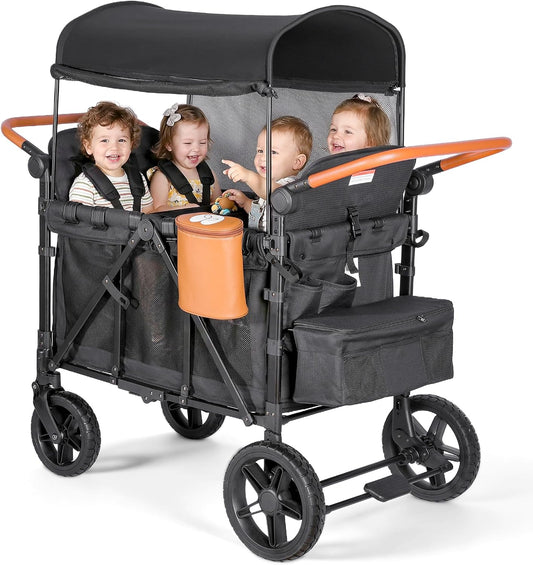 Foldable 4-Seater Wagon Stroller for Kids, All-Terrain Wagon with Snack Tray, High Seats, 5-Point Harness, Adjustable Handle, Canopy, Parent Organizer & Insulated Snack Pack (Black)