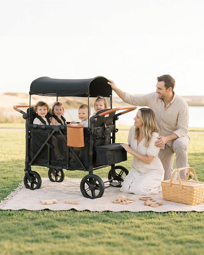 Foldable 4-Seater Wagon Stroller for Kids, All-Terrain Wagon with Snack Tray, High Seats, 5-Point Harness, Adjustable Handle, Canopy, Parent Organizer & Insulated Snack Pack (Black)