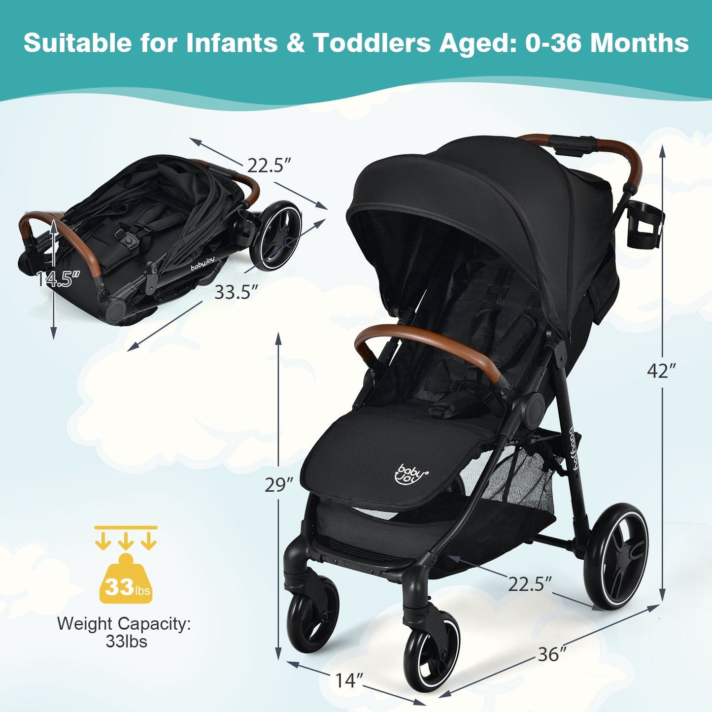 5-Point Harness Lightweight Infant Stroller with Foot Cover and Adjustable Backrest