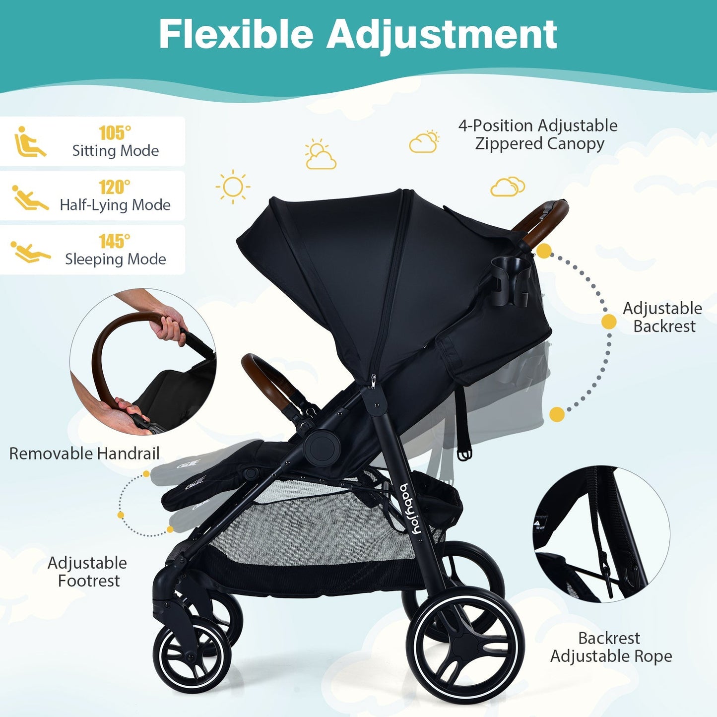 5-Point Harness Lightweight Infant Stroller with Foot Cover and Adjustable Backrest