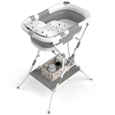 Baby Bathtub with Stand Built for Newborn to Toddler, Collapsible 2-In-1 Design, Folding Stand, Soft Cushion