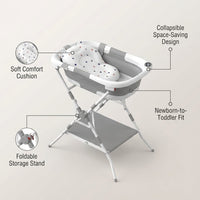 Baby Bathtub with Stand, 2-In-1 Collapsible Bath Tubs for Newborn to Toddler, Infant Bathtub with Folding Stand, Portable Bathtub for Baby Including Soft Cushion, Storage Pad (Gray) — infographic