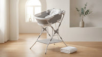 Baby Bathtub with Stand, 2-In-1 Collapsible Bath Tubs for Newborn to Toddler, Infant Bathtub with Folding Stand, Portable Bathtub for Baby Including Soft Cushion, Storage Pad (Gray) — Lifestyle