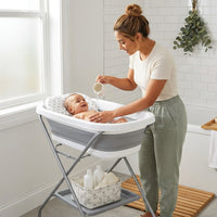 Baby Bathtub with Stand, 2-In-1 Collapsible Bath Tubs for Newborn to Toddler, Infant Bathtub with Folding Stand, Portable Bathtub for Baby Including Soft Cushion, Storage Pad (Gray) — Lifestyle