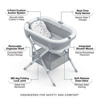 Baby Bathtub with Stand, 2-In-1 Collapsible Bath Tubs for Newborn to Toddler, Infant Bathtub with Folding Stand, Portable Bathtub for Baby Including Soft Cushion, Storage Pad (Gray) — How It Works