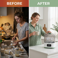 Baby Bottle Sterilizer Designed for All-in-One Cleaning, Steam Sterilization, Dual-Layer Drying, 22,000Pa Pressure — Before & After