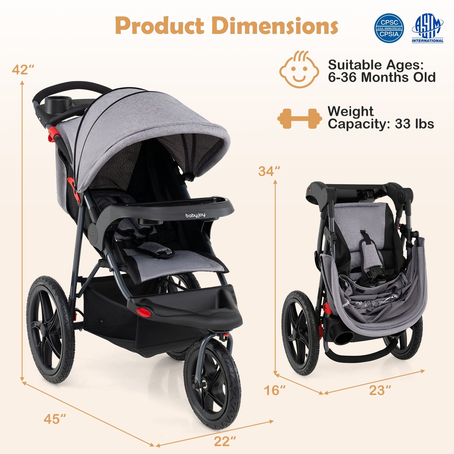 Foldable Jogging Stroller with Detachable Tray and Air-Filled Rubber Tires