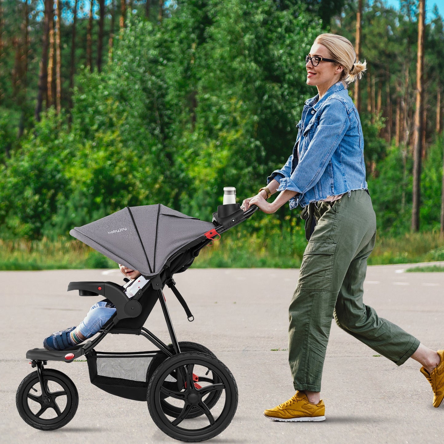 Foldable Jogging Stroller with Detachable Tray and Air-Filled Rubber Tires