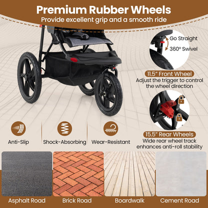 Foldable Jogging Stroller with Detachable Tray and Air-Filled Rubber Tires