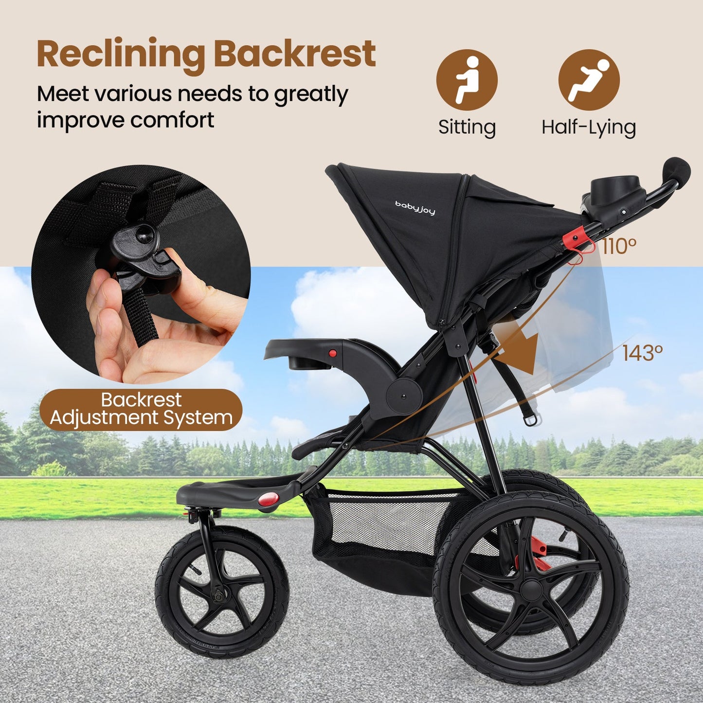 Foldable Jogging Stroller with Detachable Tray and Air-Filled Rubber Tires