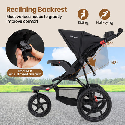 Foldable Jogging Stroller with Detachable Tray and Air-Filled Rubber Tires