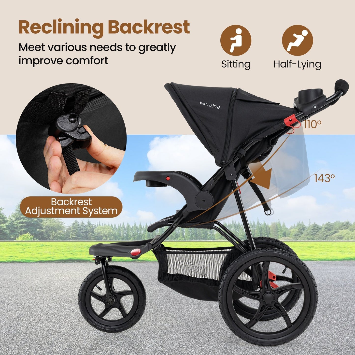 Foldable Jogging Stroller with Detachable Tray and Air-Filled Rubber Tires