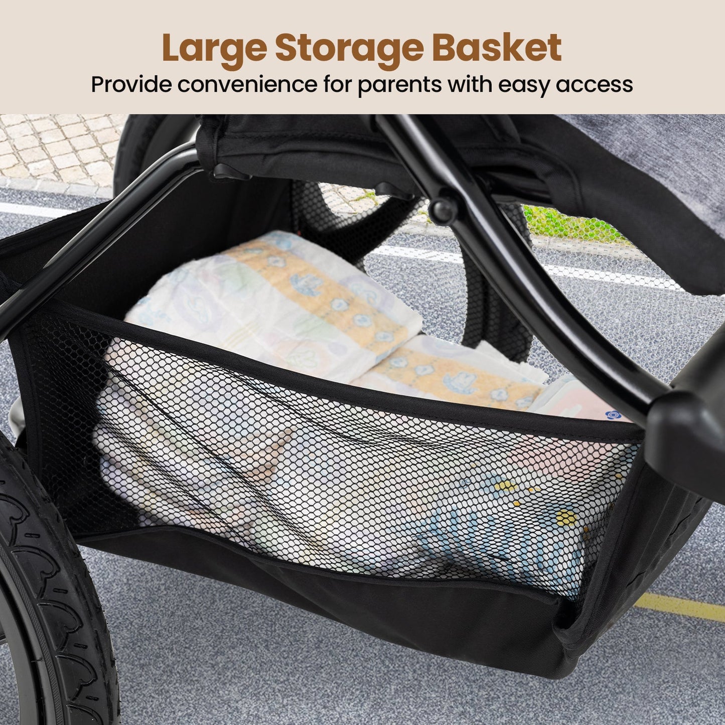 Foldable Jogging Stroller with Detachable Tray and Air-Filled Rubber Tires