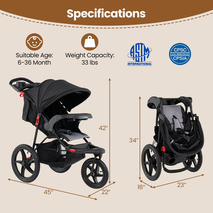 Foldable Jogging Stroller with Detachable Tray and Air-Filled Rubber Tires