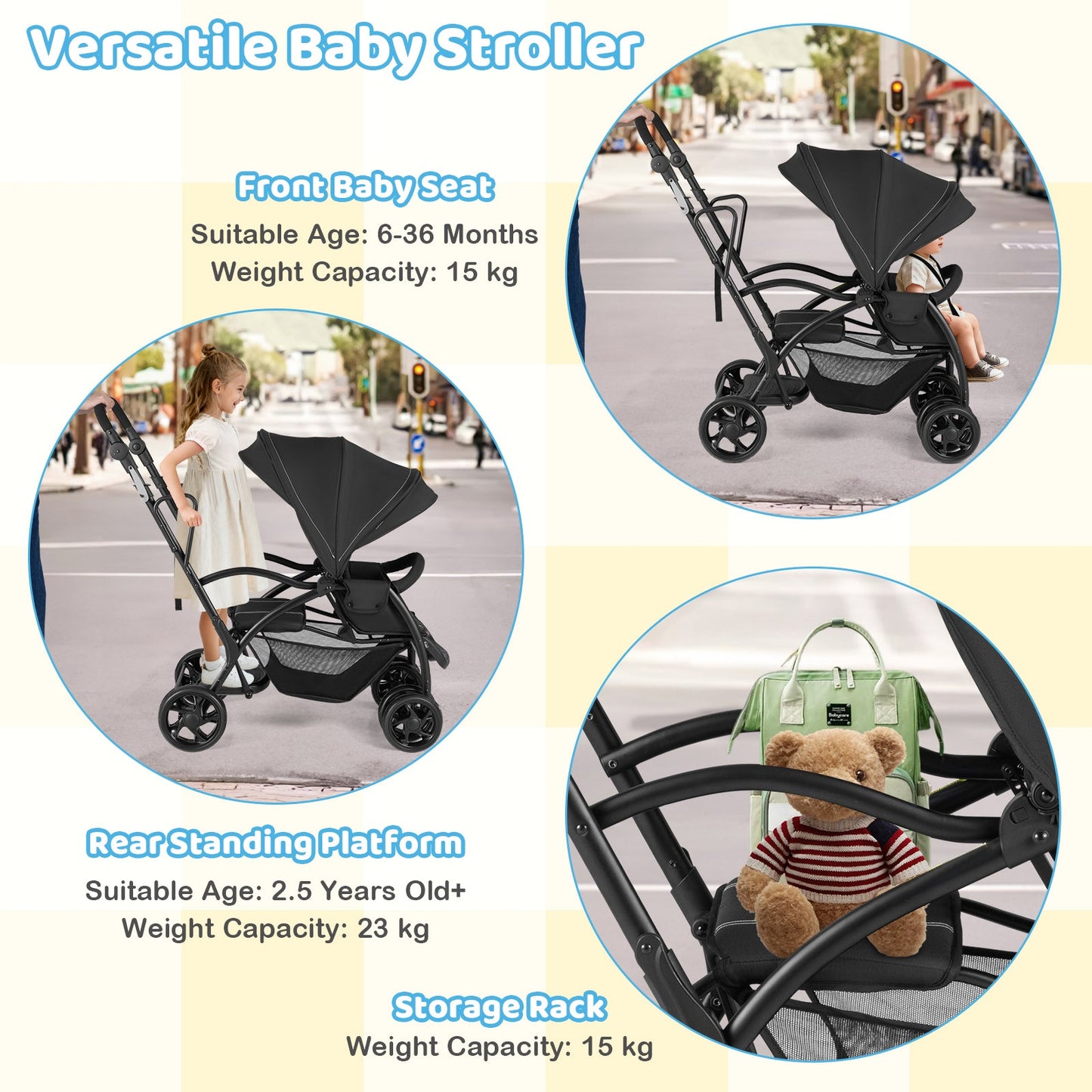 Foldable Twin Tandem Stroller Sit and Stand Double Stroller with Adjustable Handle Bar-Black