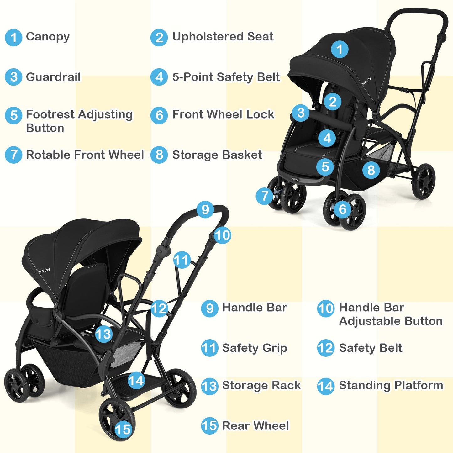 Foldable Twin Tandem Stroller Sit and Stand Double Stroller with Adjustable Handle Bar-Black