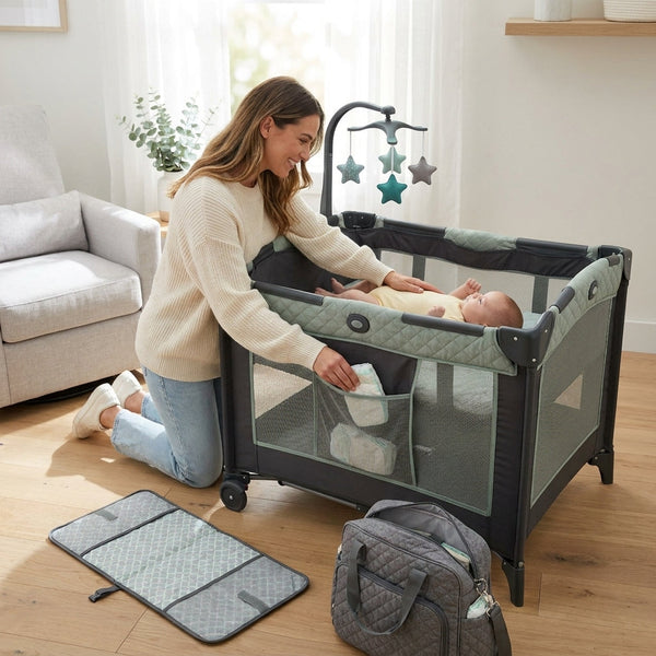 Portable Playard Changing Station Built for Home and Travel, Convertible Bassinet, Built-In Storage, Easy Fold