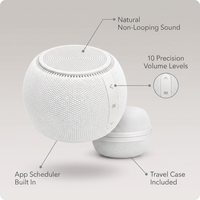 Pro White Noise Sound Machine - Natural Fan Noise, Non-Looping Sound, App Scheduler - Travel Case Included, Sleep Aid for Adults & Baby, 10 Volume Settings, Portable, Gift Registry - Cotton — infographic