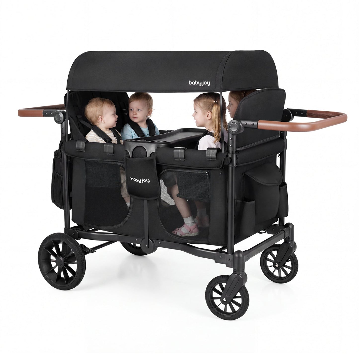 Wagon Stroller for 4 Kids Foldable 4-Seater Push-Pull Toddler Stroller
