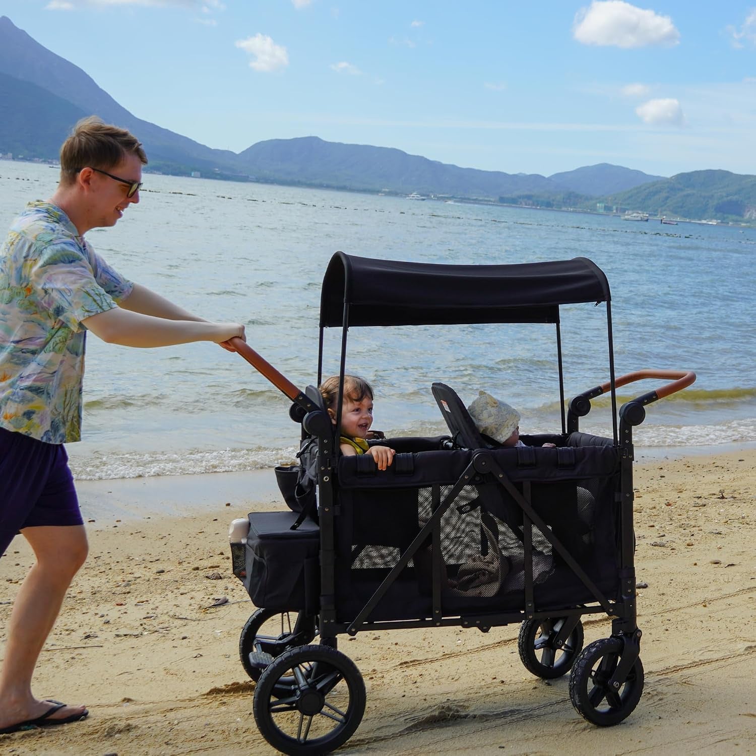 Foldable 4-Seater Wagon Stroller for Kids, All-Terrain Wagon with Snack Tray, High Seats, 5-Point Harness, Adjustable Handle, Canopy, Parent Organizer & Insulated Snack Pack (Black)