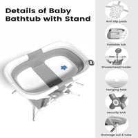Baby Bathtub with Stand, 2-In-1 Collapsible Bath Tubs for Newborn to Toddler, Infant Bathtub with Folding Stand, Portable Bathtub for Baby Including Soft Cushion, Storage Pad (Gray)