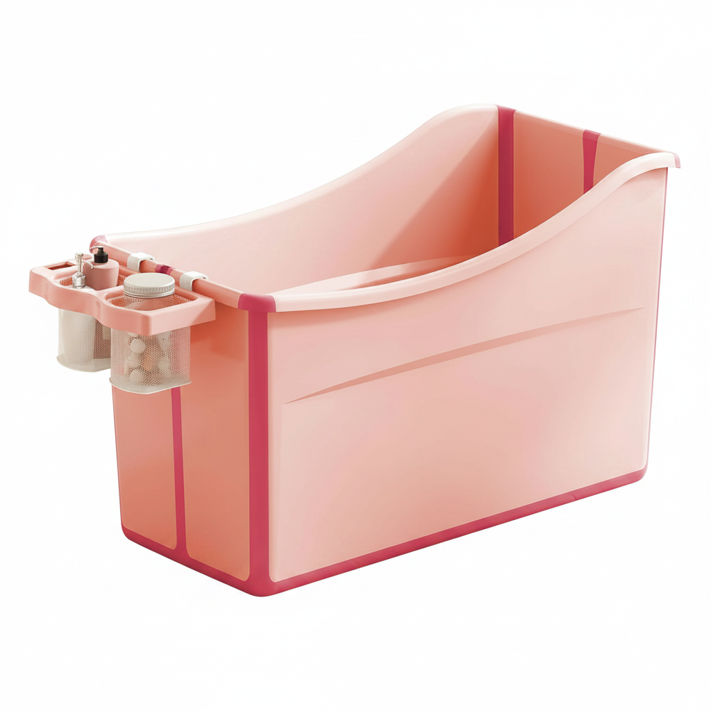 Collapsible Baby Bathtub Foldable Bathtub for Toddler Portable Large Foldable Bath Tub Bathtub for Kids Petite with Thermometer and Storage Basket (Pink)